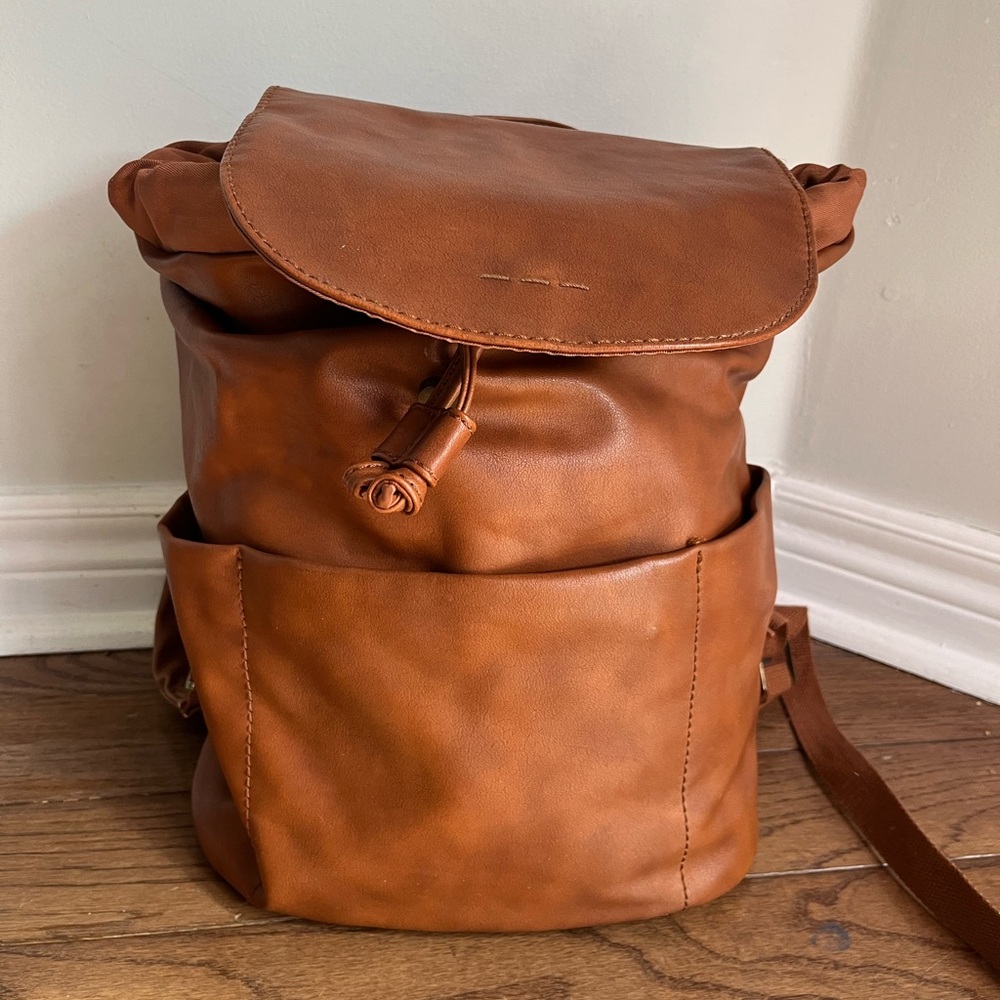 Faux Leather Roll-Top Backpack in Cognac Brown
